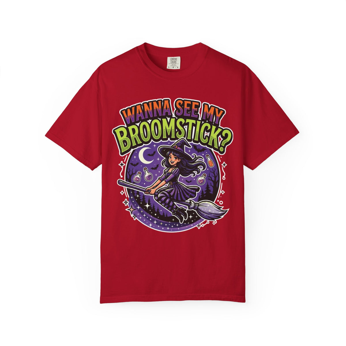 Color: Red | Wanna See My Broomstick Unisex Garment-Dyed Tee