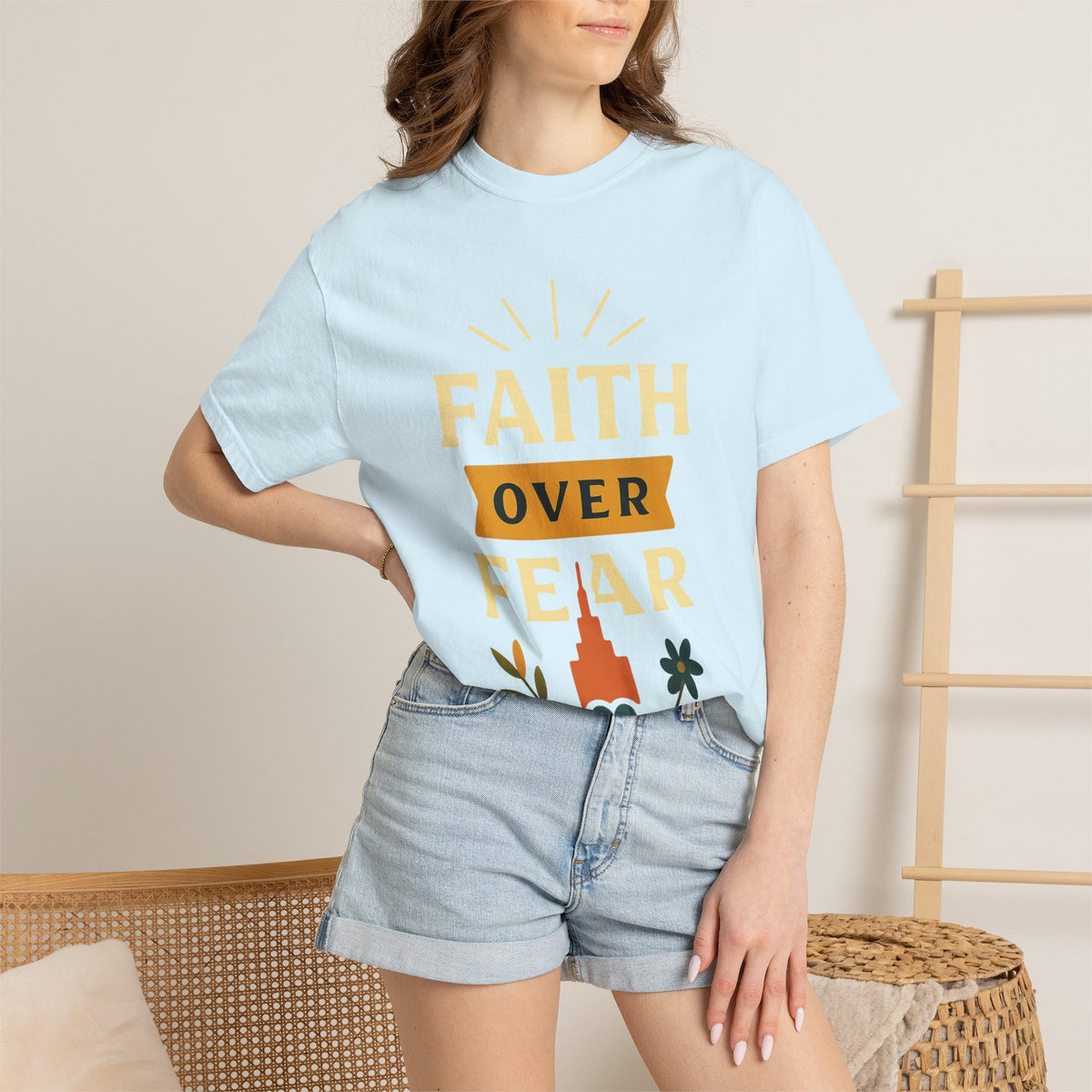 Color: Chambray | Faith Over Fear-4 Unisex Garment-Dyed T-shirt