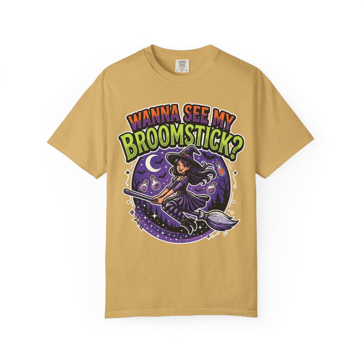 Color: Mustard | Wanna See My Broomstick Unisex Garment-Dyed Tee