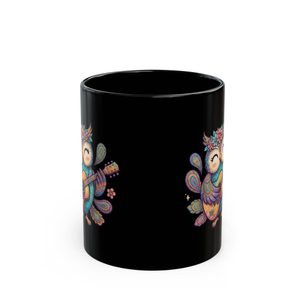 "Hippy Owl" Black Ceramic Mug
