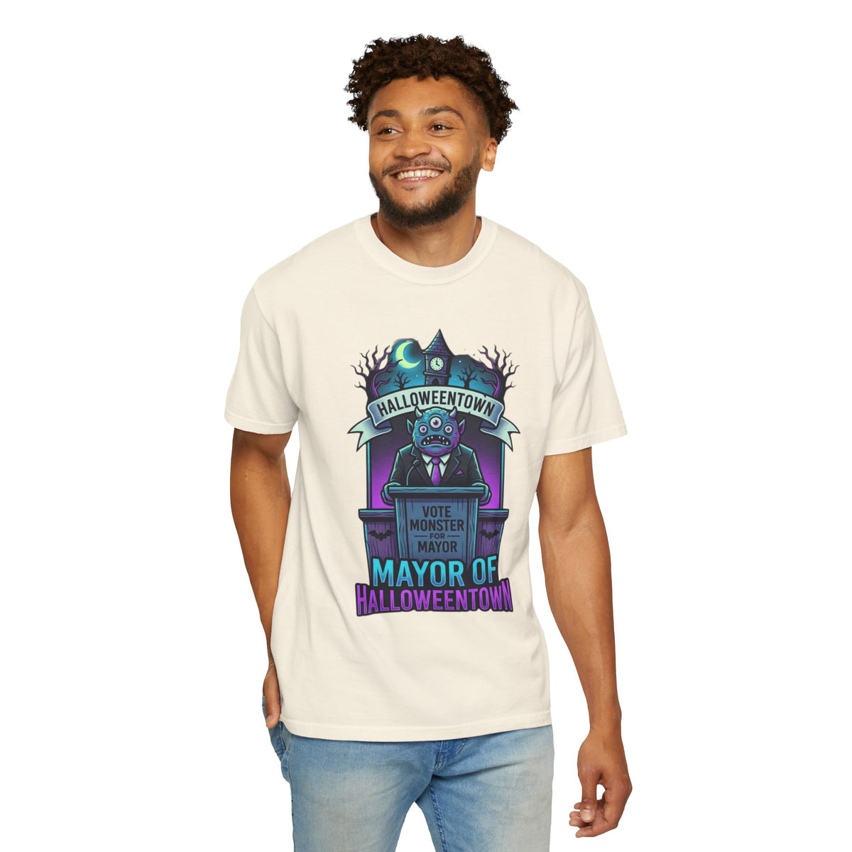 Color: Ivory | Mayor Of Halloweentown Unisex Garment-Dyed Tee