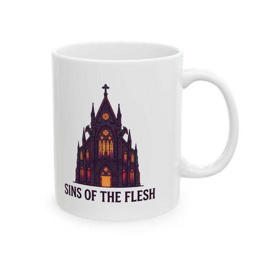 "Sins of The Flesh Group Rates" White Ceramic Mug — Graphic