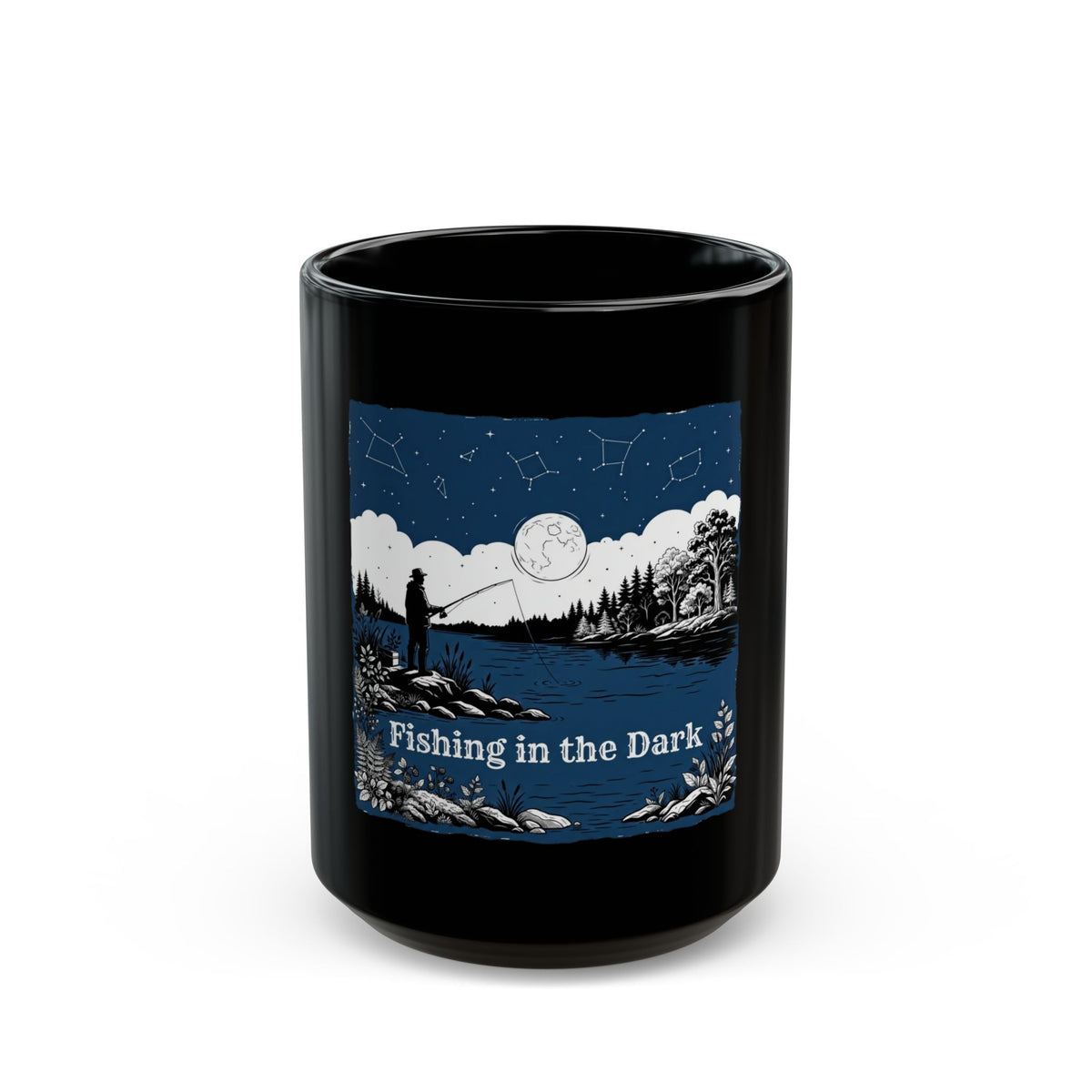 "Fishing in the Dark" Black Ceramic Mug