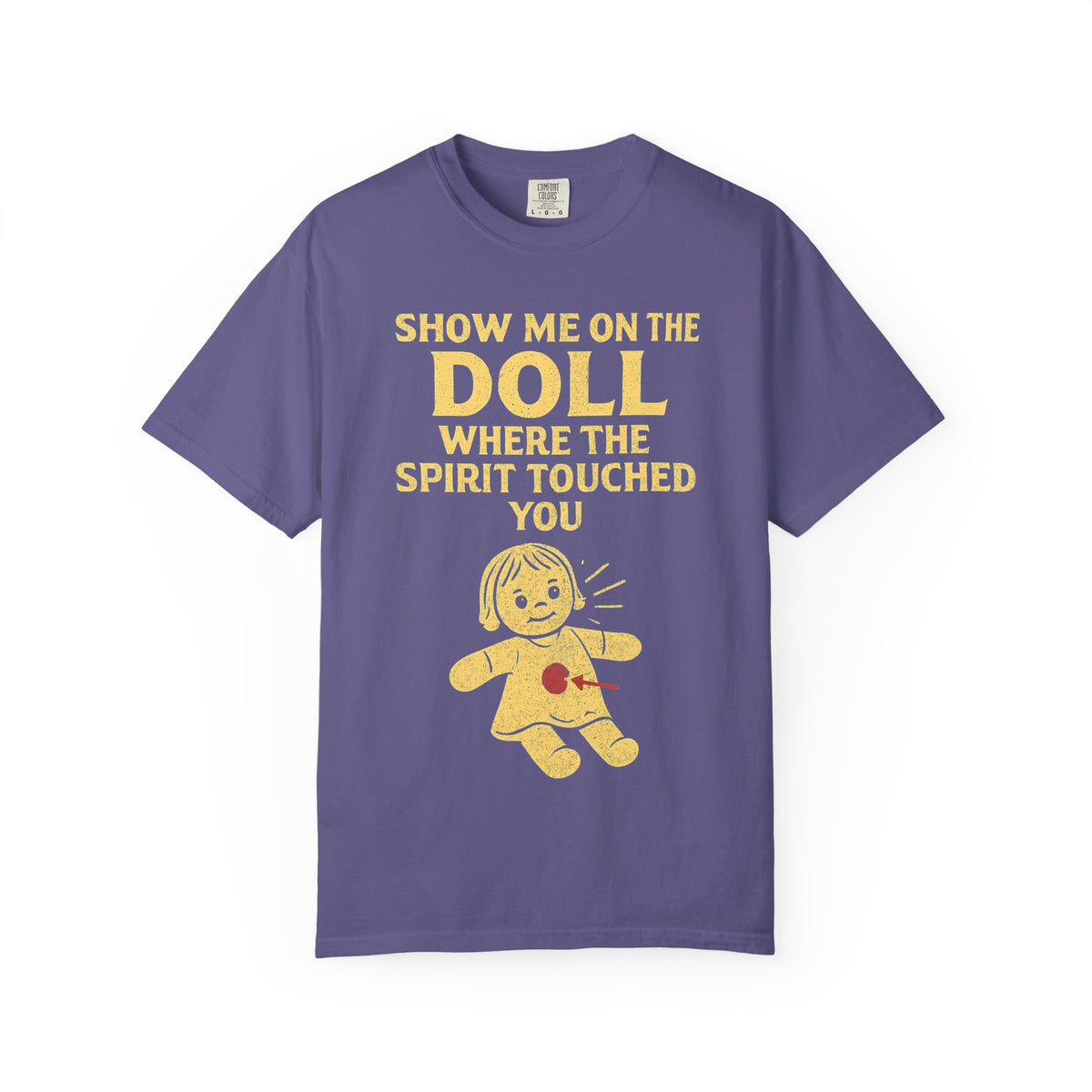 Color: Grape | Show Me On The Doll Unisex Garment-Dyed T-shirt