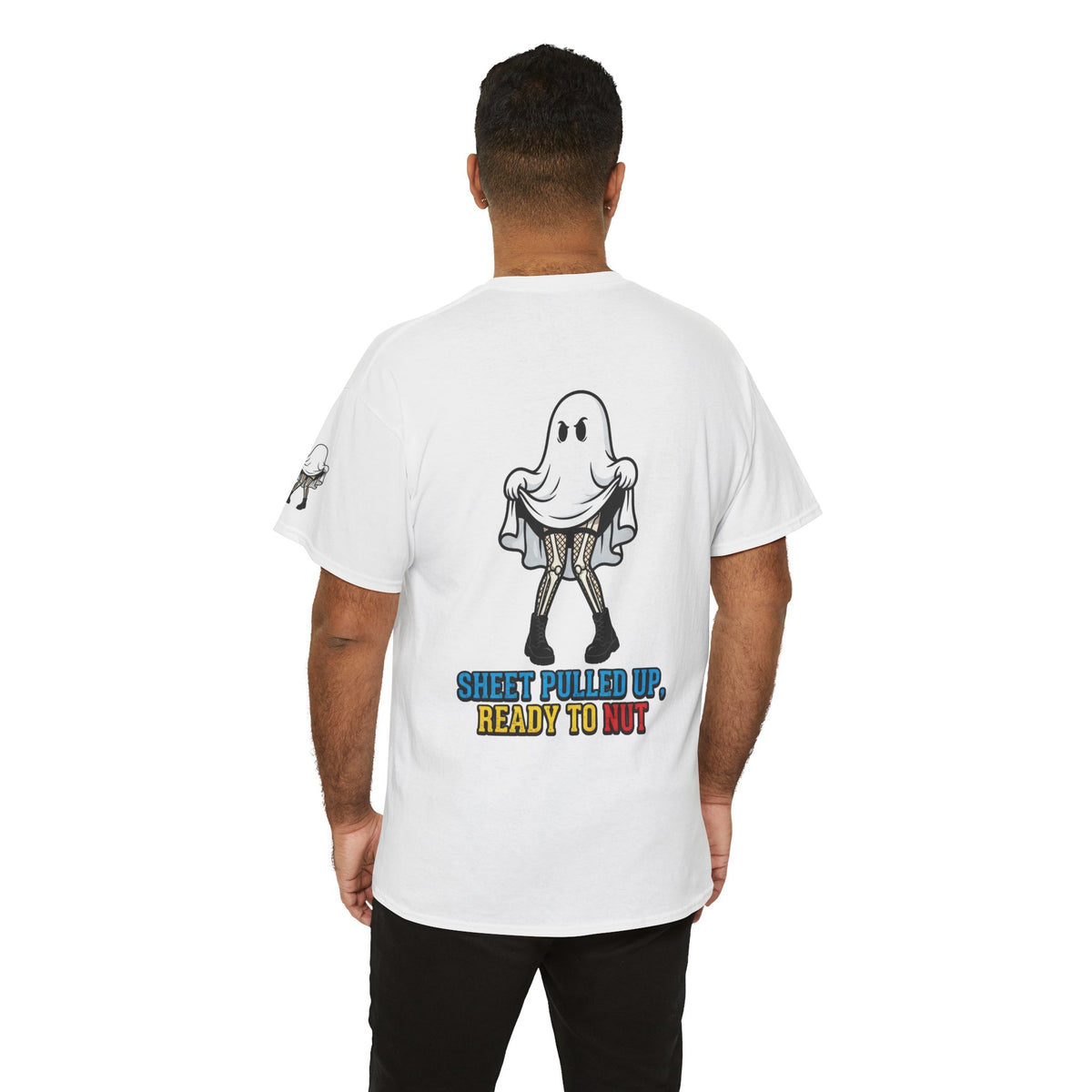 Color: White | Sheet Pulled Up Ready to Nut Premium Graphic Tee