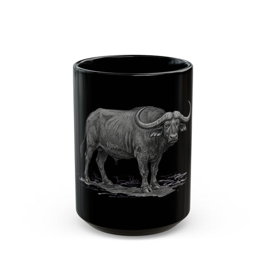 "Pencil Sketch Art Cape Buffalo" Black Ceramic Mug