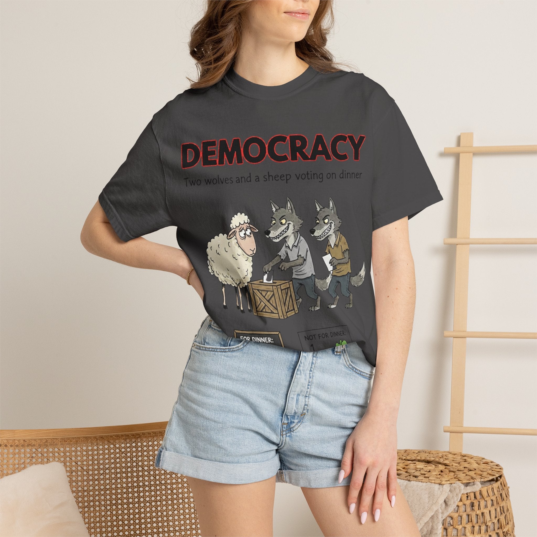 "Democracy (Two Wolves and a Sheep" Unisex Garment-Dyed T-shirt