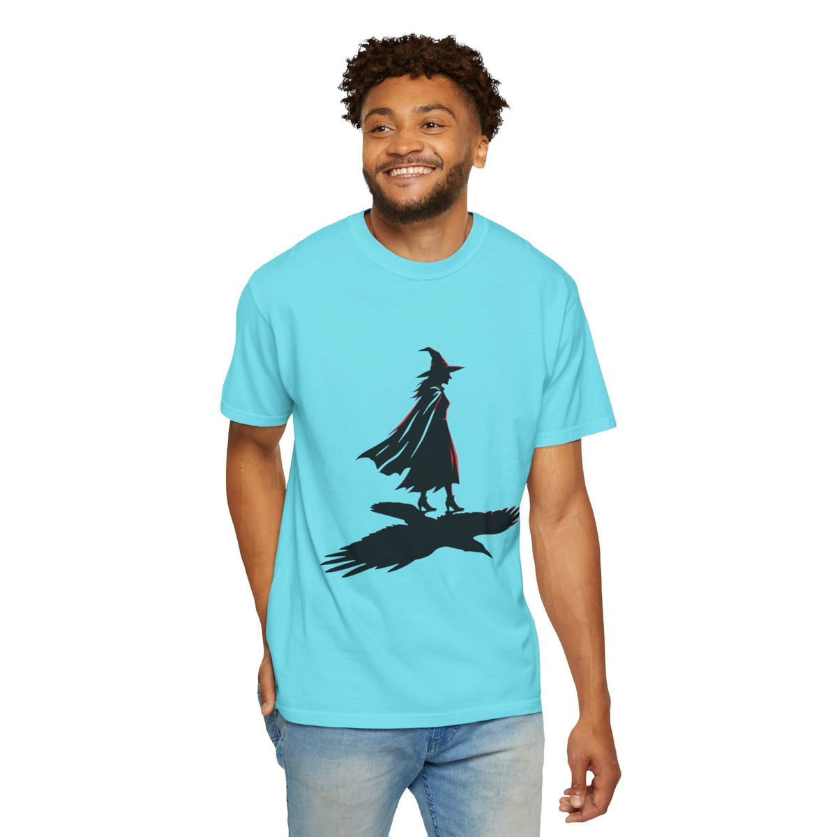 Color: Lagoon Blue | Witch With Raven Shadow Unisex Garment-Dyed Tee
