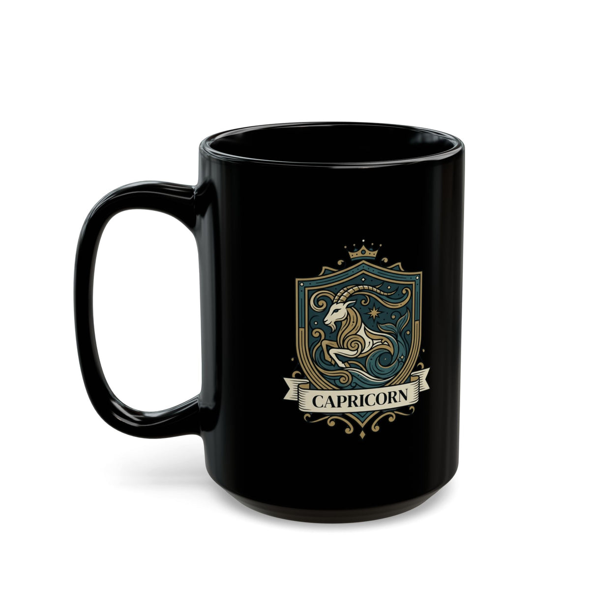 "Capricorn- The Sea-Goat Crest" Black Ceramic Mug