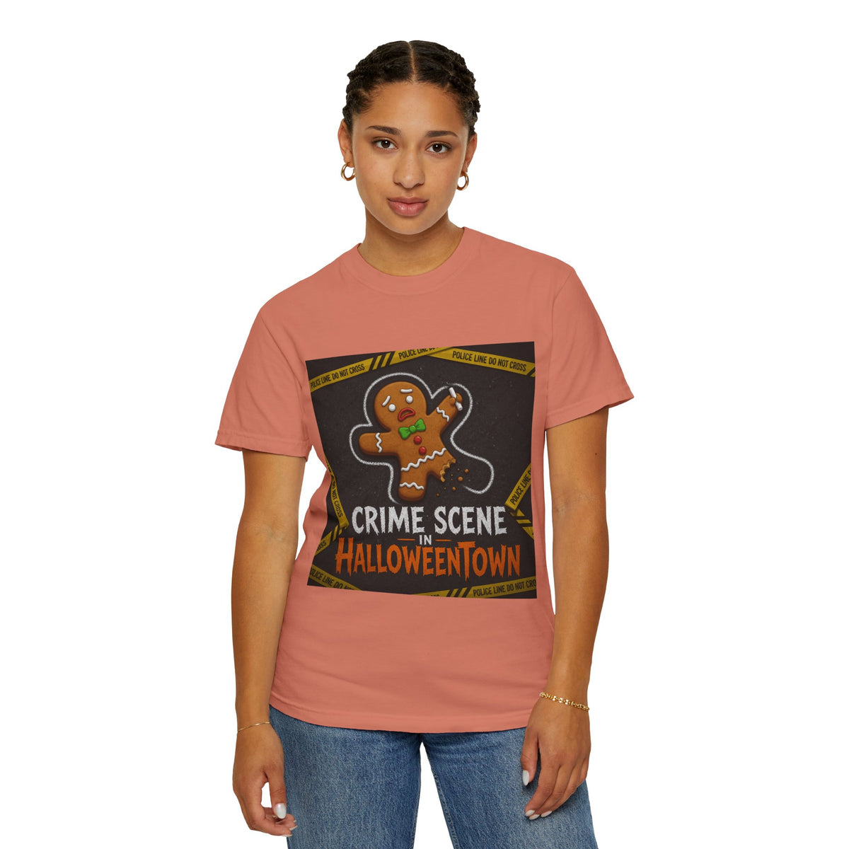 Color: Terracotta | Crime Scene in Halloweentown Unisex Garment-Dyed Tee