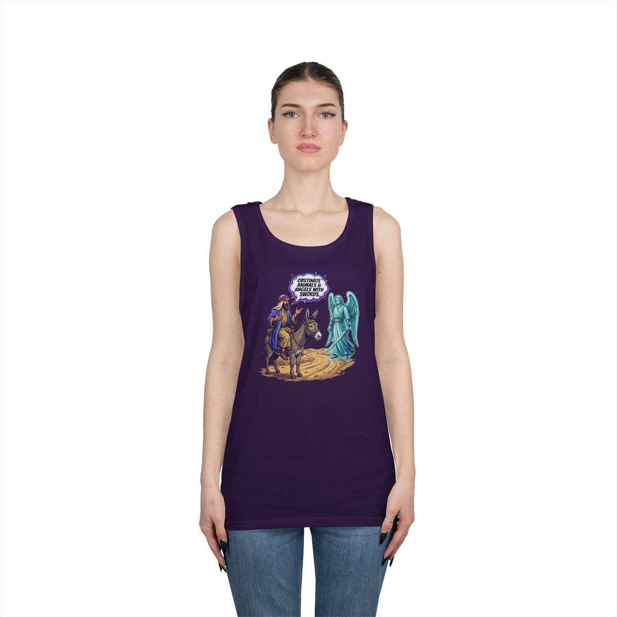 Color: Purple | Good Book Series Obstinate Animals & Angels With Swords Tank Top