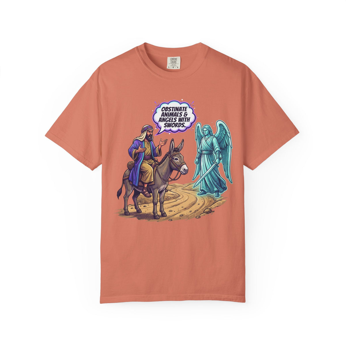 Color: Terracotta | Good Book Series Obstinate Animals & Angels With Swords Unisex Garment-Dyed Tee