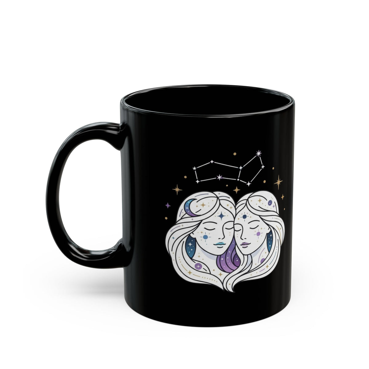 "Gemini The Celestial Twins" Black Ceramic Mug — Graphic
