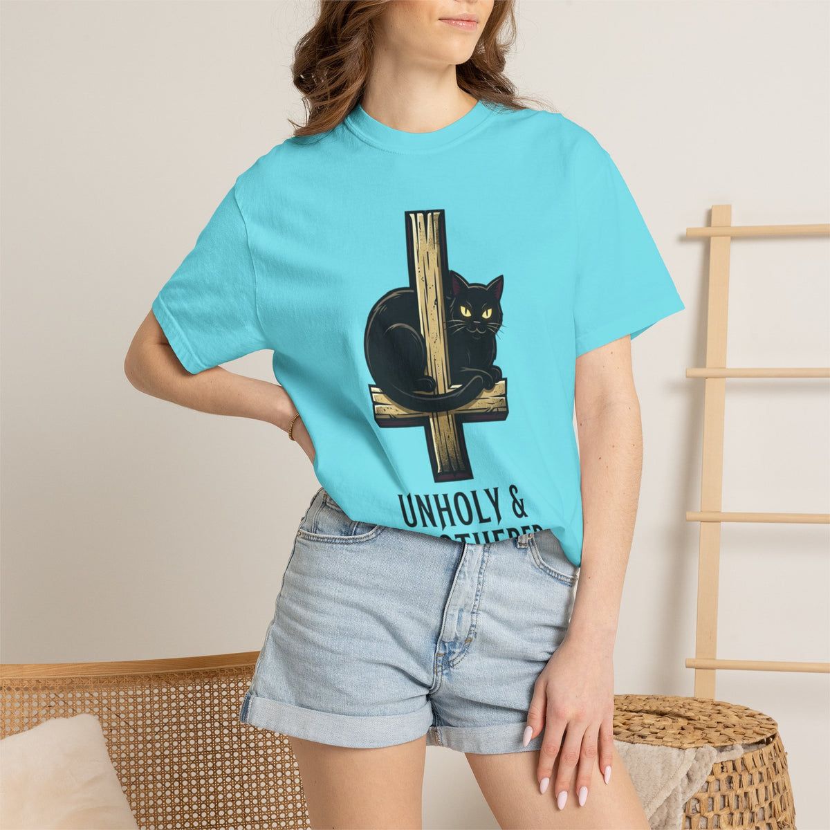 Color: Lagoon Blue | Unholy and Unbothered Unisex Garment-Dyed Tee