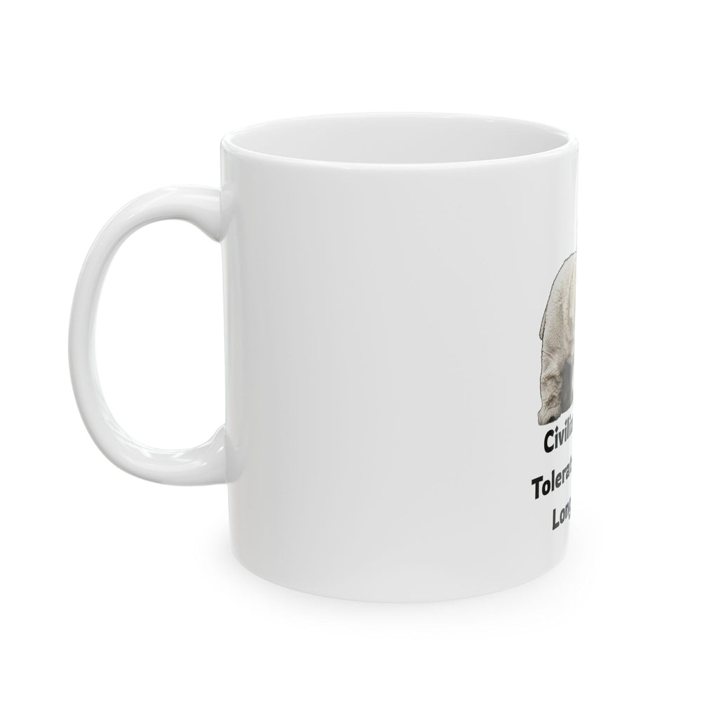 "Civilization Tolerated Religion" White Ceramic Mug — Graphic