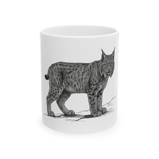 "Pencil Sketch Art Lynx" White Ceramic Mug