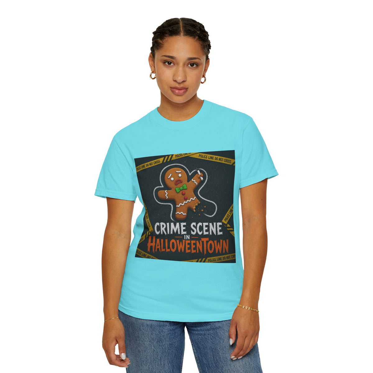 Color: Lagoon Blue | Crime Scene in Halloweentown Unisex Garment-Dyed Tee