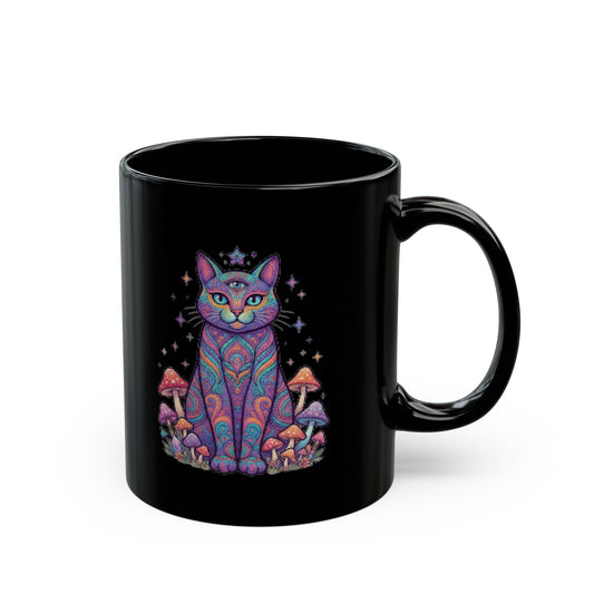 "Hippy Cat" Black Ceramic Mug