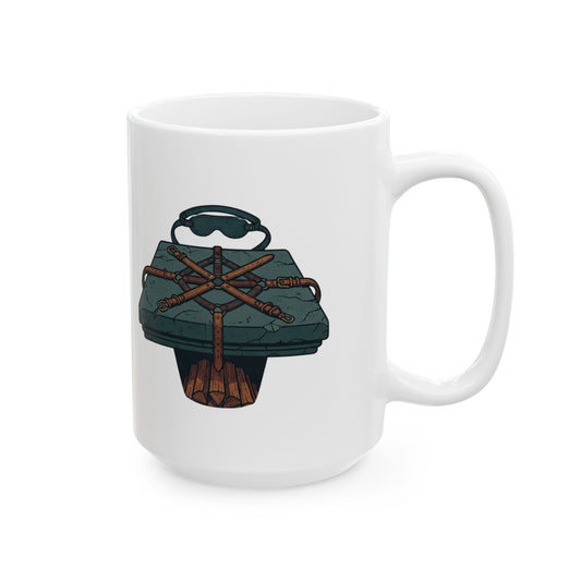 "Good Book Series Bound & Blindfolded" White Ceramic Mug — Graphic