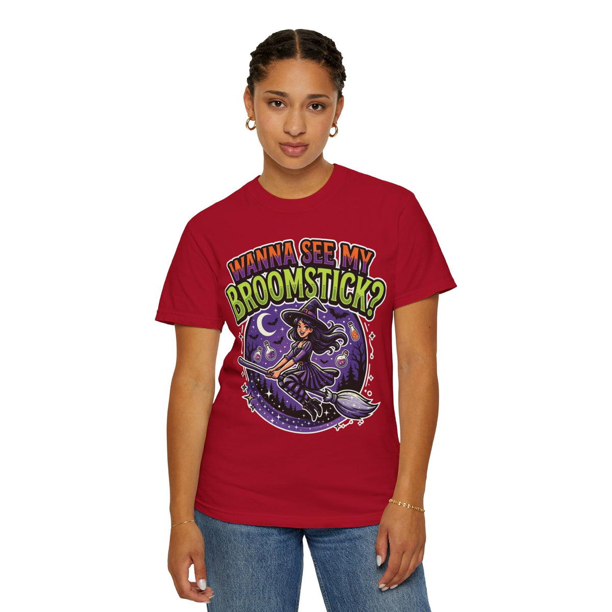 Color: Red | Wanna See My Broomstick Unisex Garment-Dyed Tee