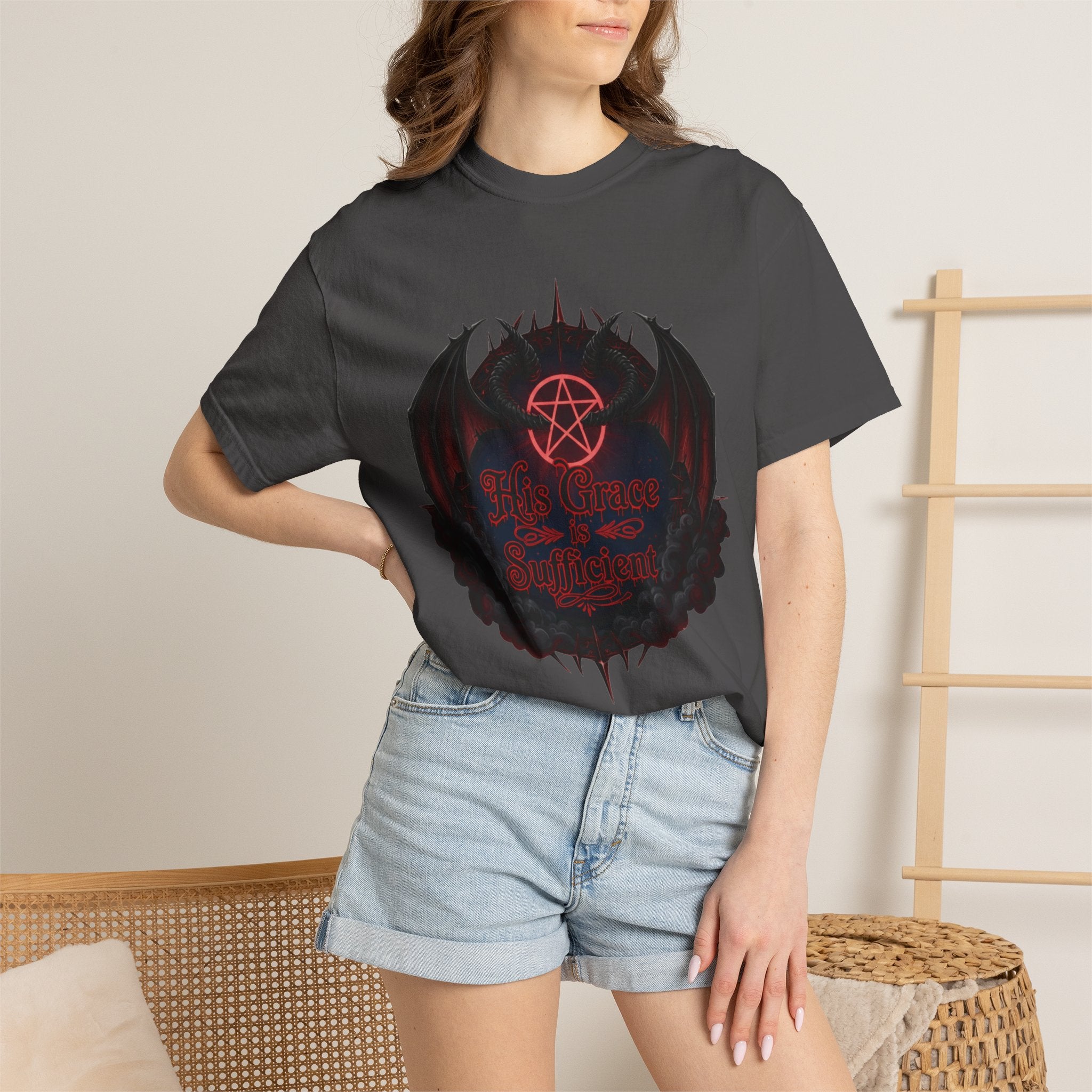 "His Grace is Sufficient Gothic T-Shirt" Unisex Garment-Dyed T-shirt