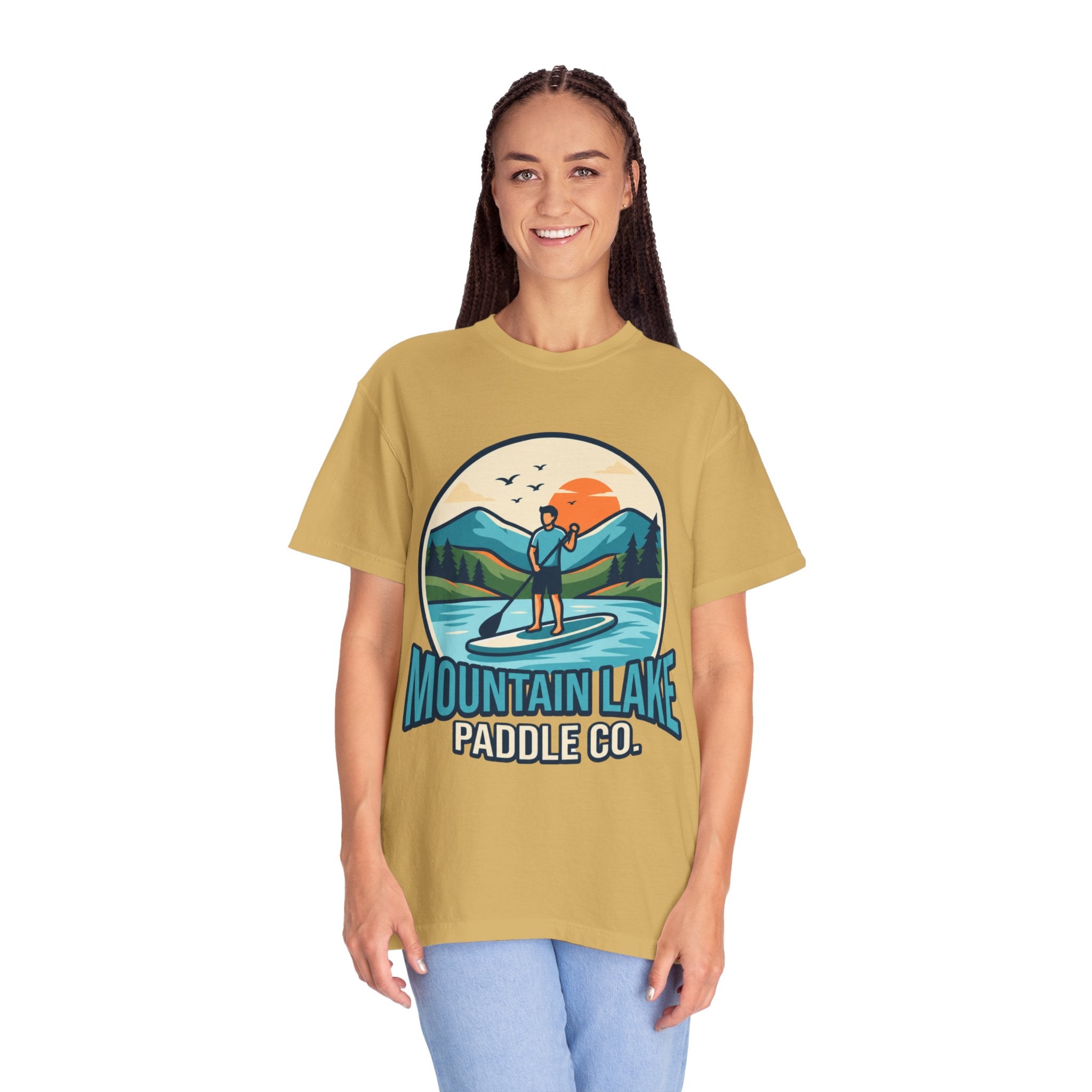 "Mountain Lake Paddle Board" Unisex Garment-Dyed Tee