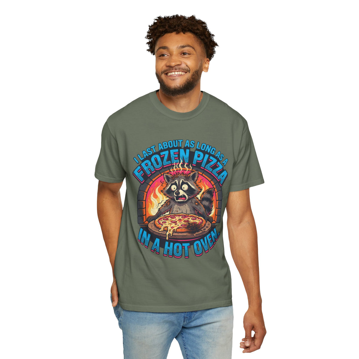 Color: Moss | Frozen Pizza in a Hot Oven Unisex Garment-Dyed Tee