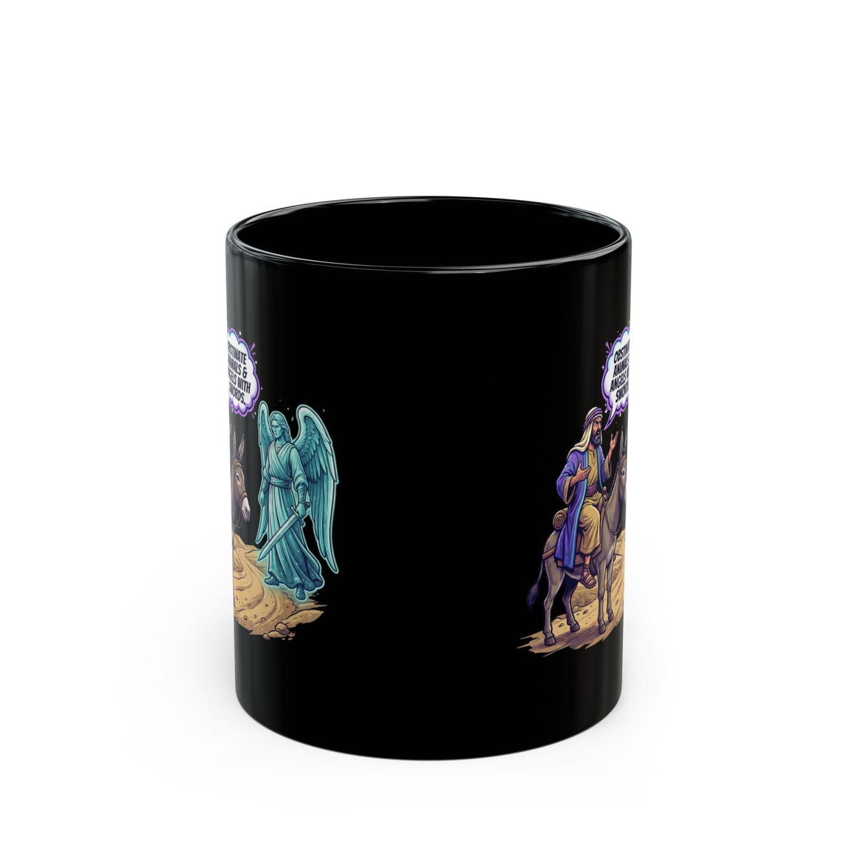 "Good Book Series Obstinate Animals & Angels With Swords" Black Ceramic Mug