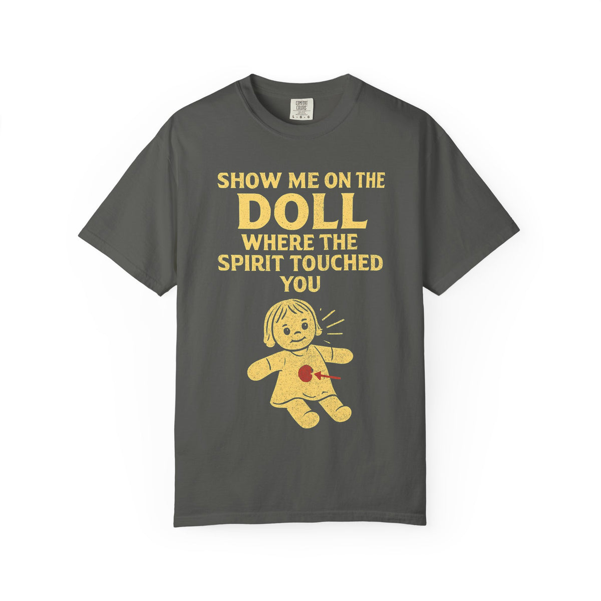 Color: Pepper | Show Me On The Doll Unisex Garment-Dyed T-shirt