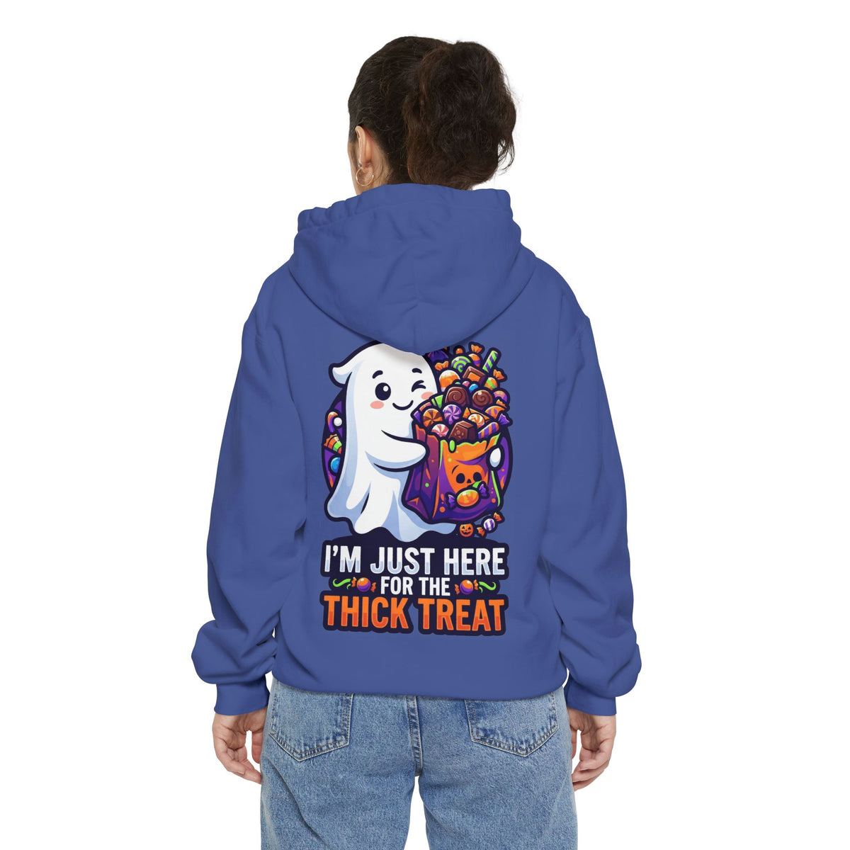 Color: Flo Blue | I'm Just Here For The Thick Treat Garment-Dyed Hoodie