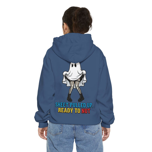 Color: True Navy | Sheet Pulled Up Ready to Nut Garment-Dyed Hoodie