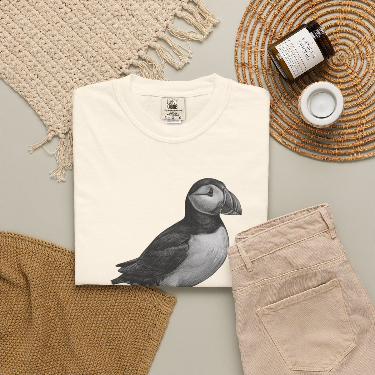 "Pencil Sketch Art Puffin" Unisex Garment-Dyed Tee