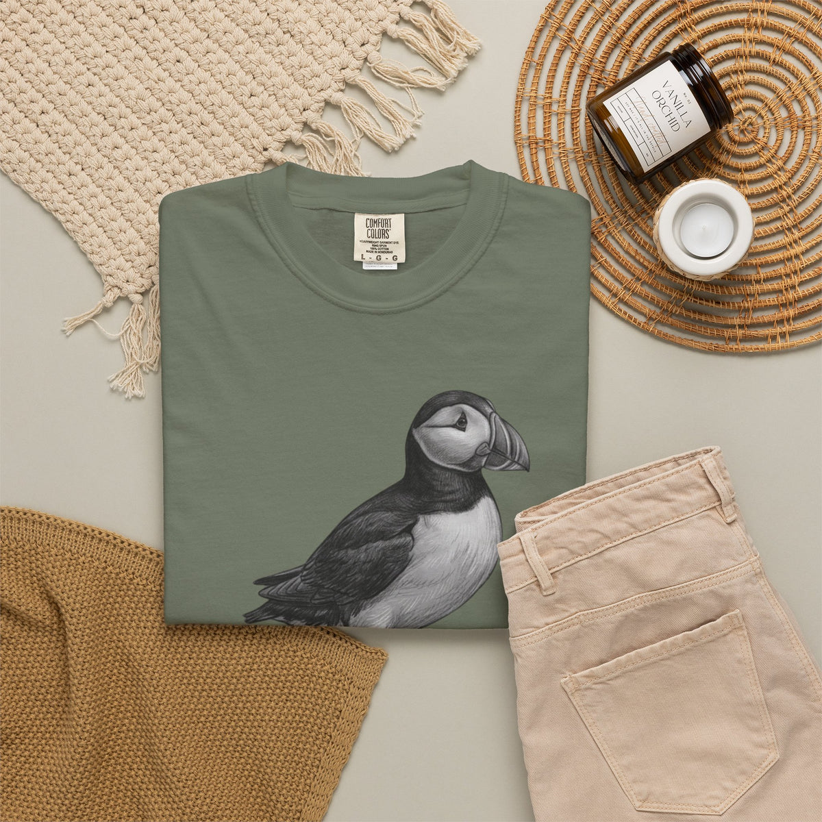 "Pencil Sketch Art Puffin" Unisex Garment-Dyed Tee