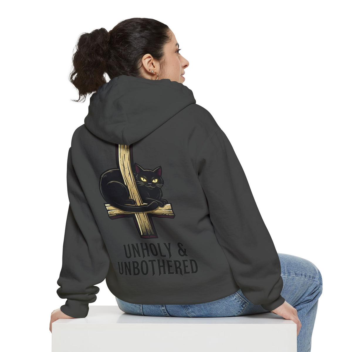 Color: Pepper | Unholy and Unbothered Garment-Dyed Hoodie