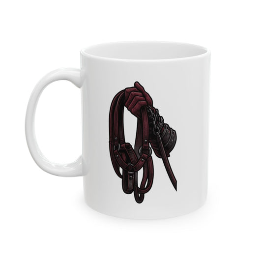 "Trick Me Treat Me Tie Me Down" White Ceramic Mug — Graphic