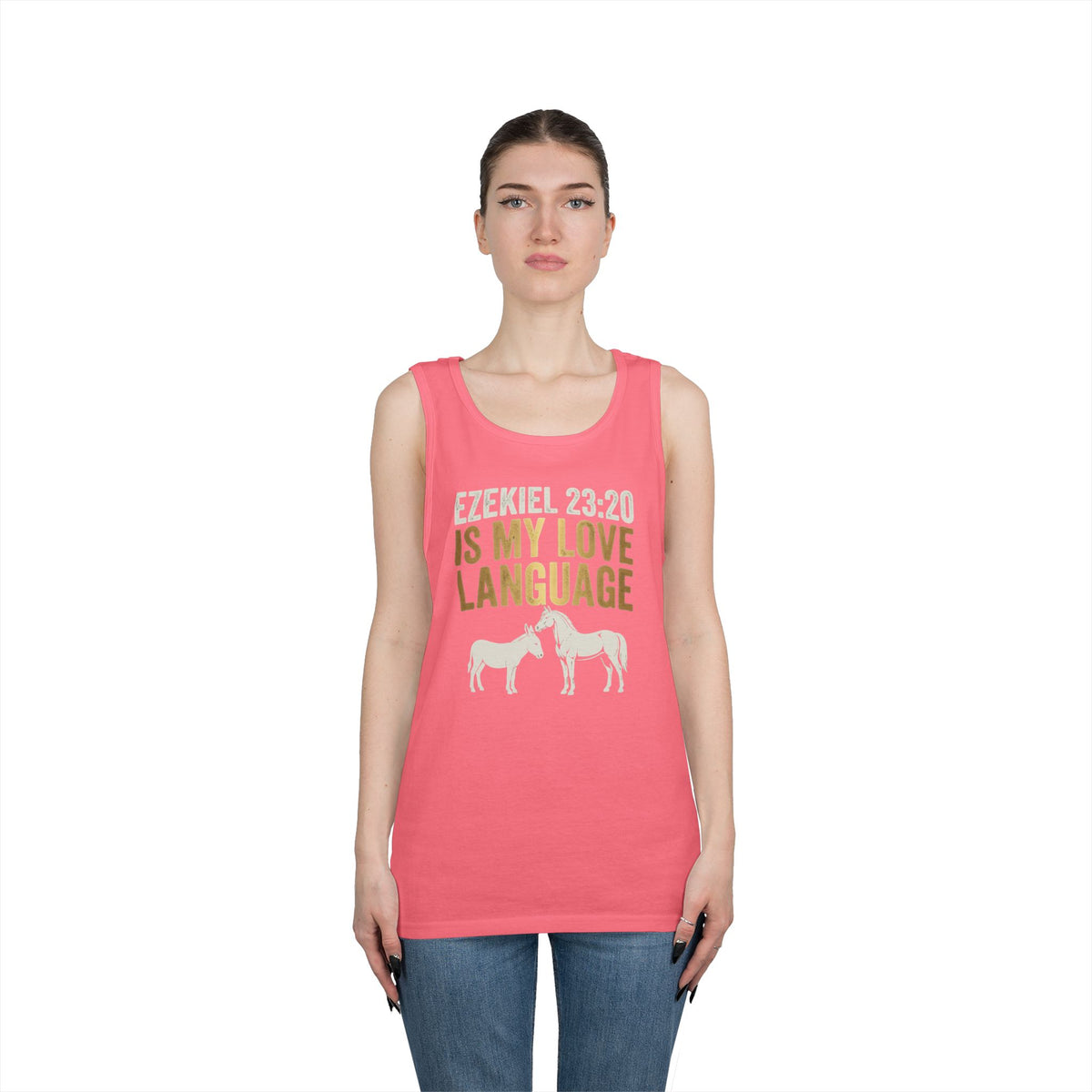 Color: Safety Pink | Good Book Series Ezekiel 23 20 Love Language Tank Top