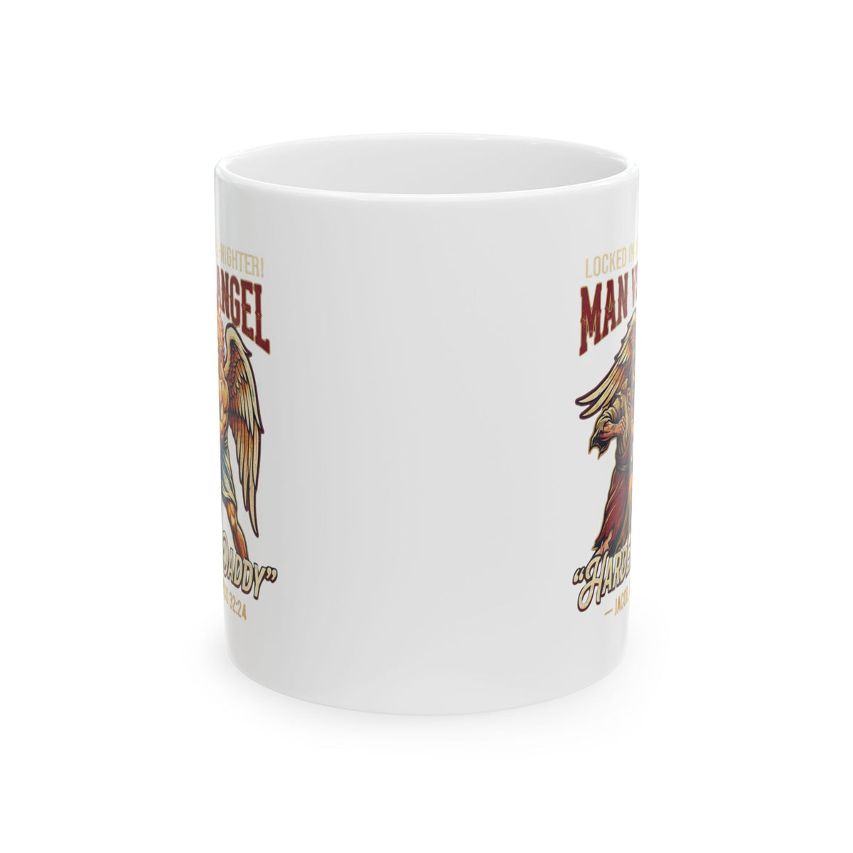 "Good Book Series Man vs Angel" White Ceramic Mug