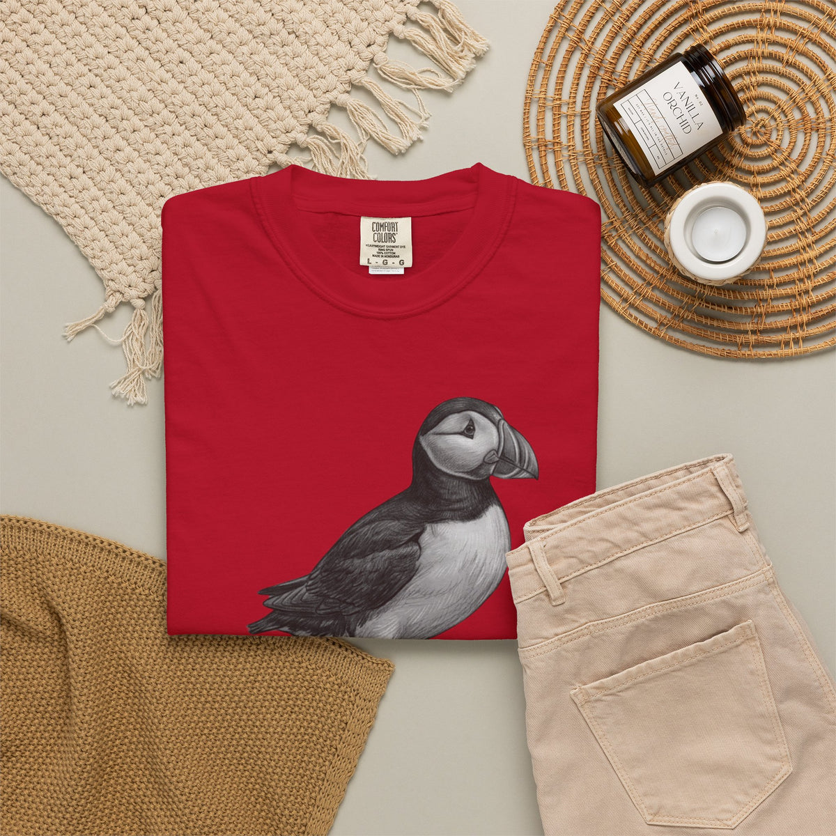 "Pencil Sketch Art Puffin" Unisex Garment-Dyed Tee