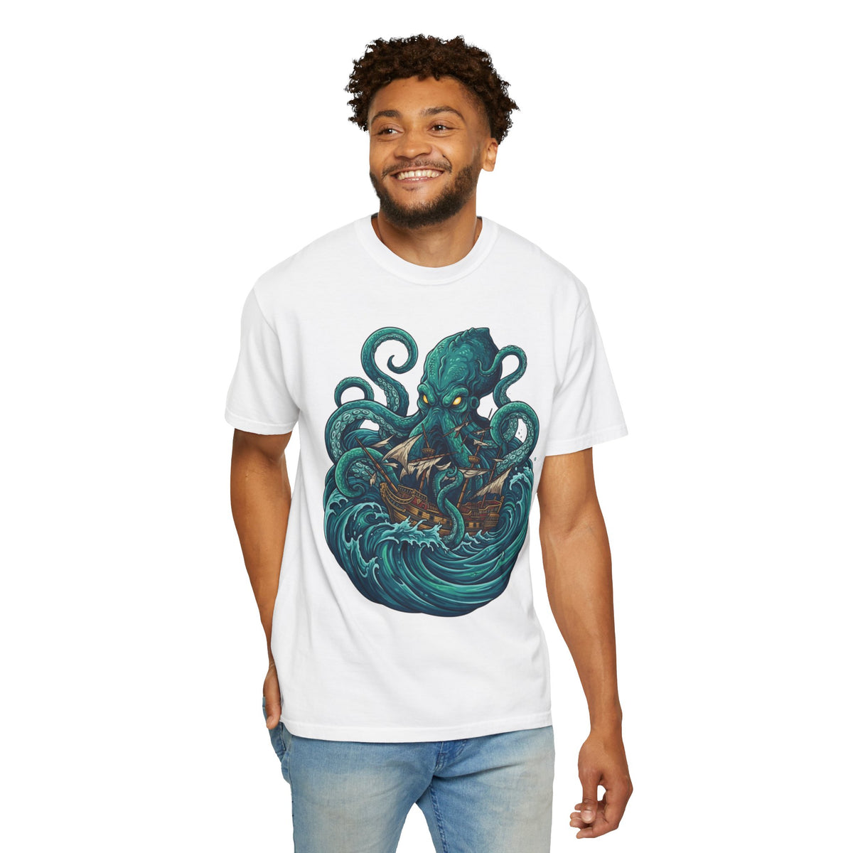 Color: White | The Kraken (Norse-Global Maritime) Unisex Garment-Dyed Tee