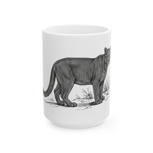 "Pencil Sketch Art Mountain Lion" White Ceramic Mug