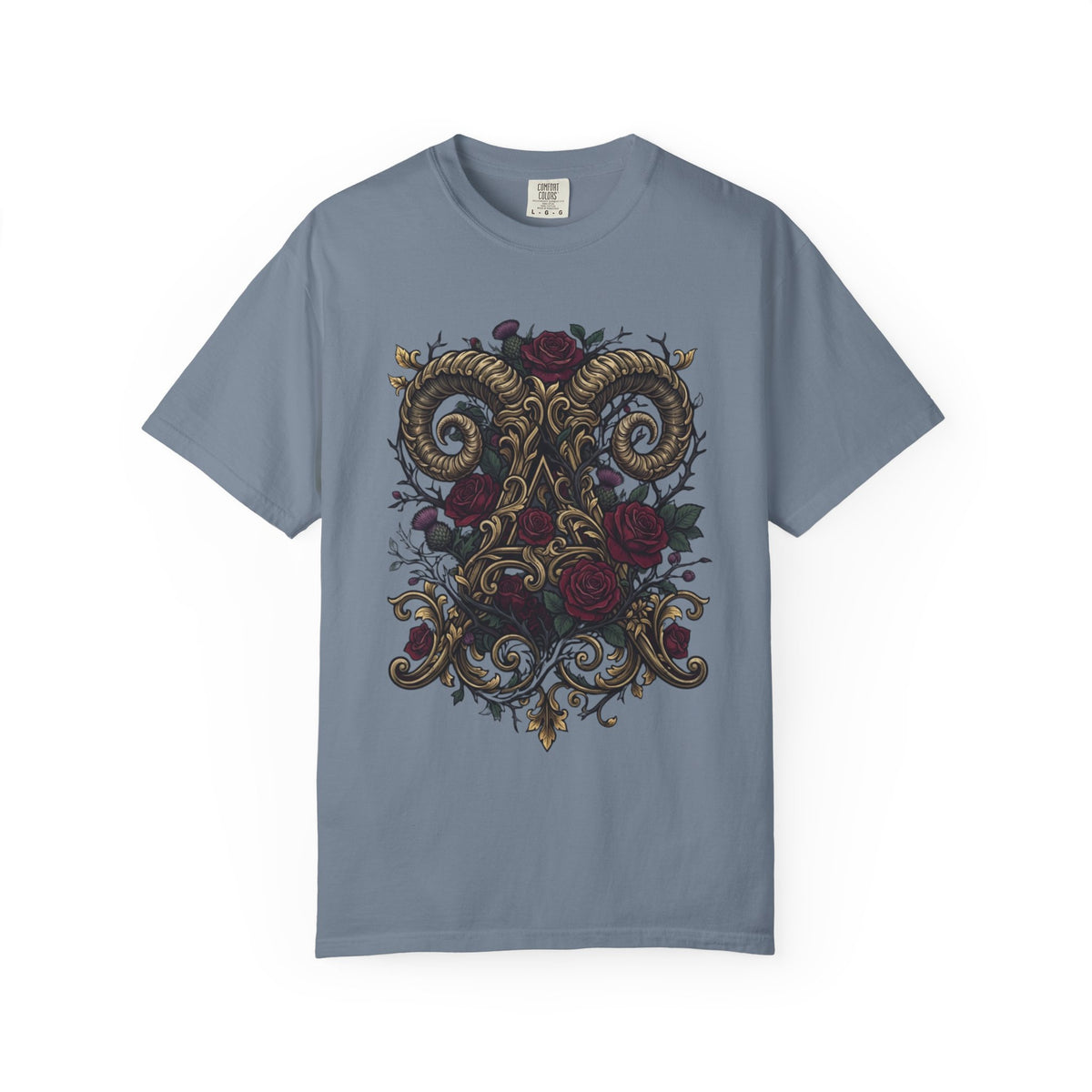 Color: Blue Jean | Floral Monogram Aries Unisex Garment-Dyed Tee
