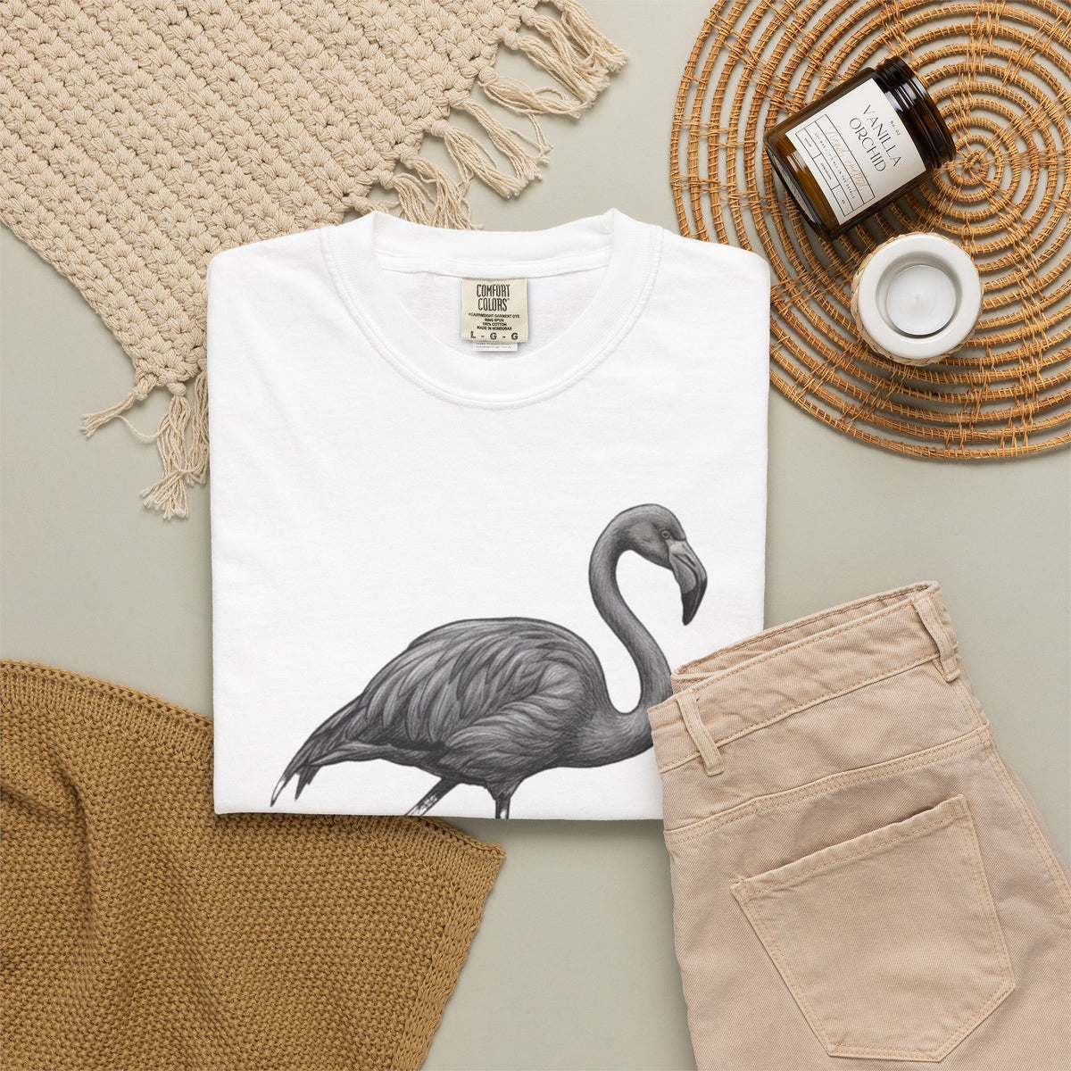 "Pencil Sketch Art Flamingo" Unisex Garment-Dyed Tee