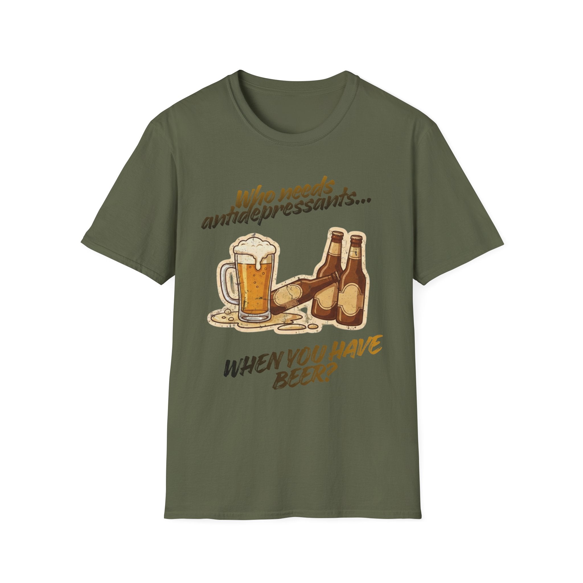 Beer Graphic T-Shirt — "Who Needs Antidepressants When You Have Beer?" Retro Pint Design
