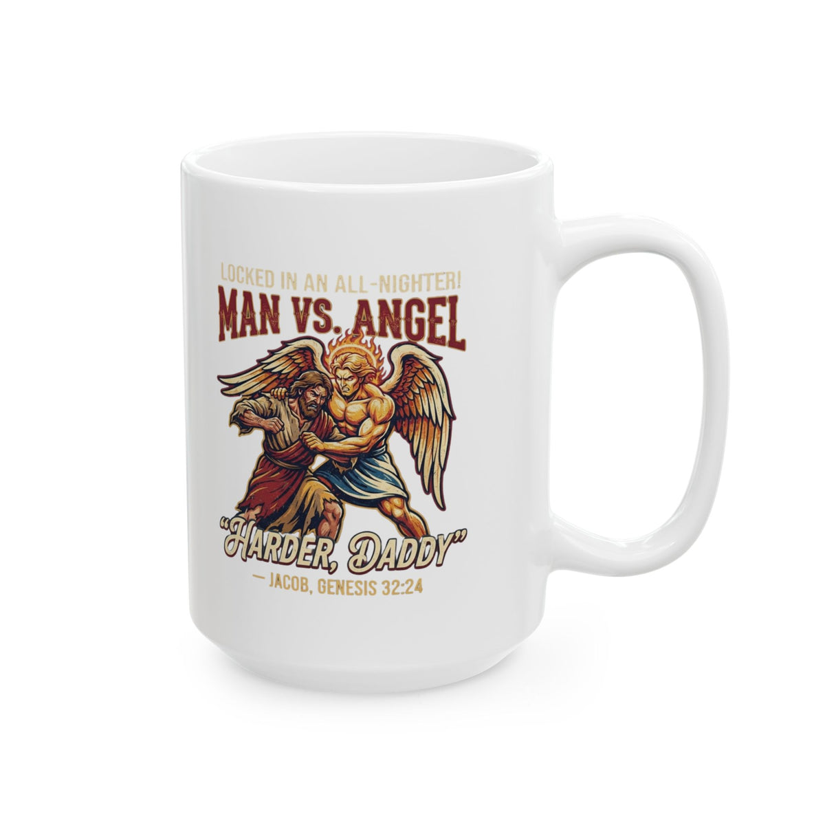 "Good Book Series Man vs Angel" White Ceramic Mug