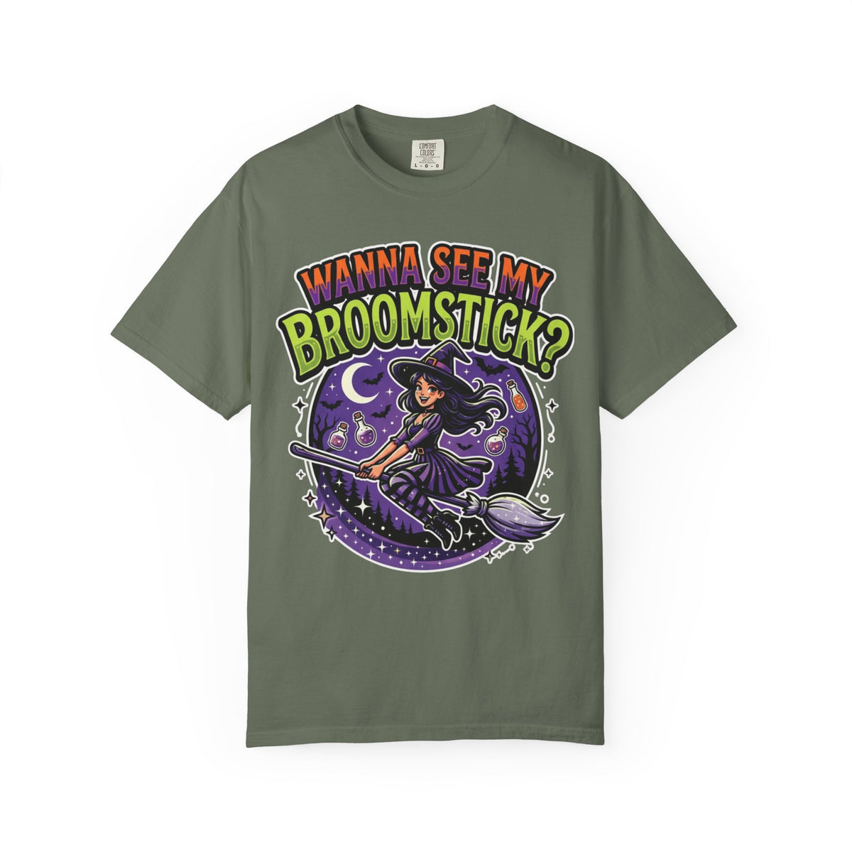 Color: Moss | Wanna See My Broomstick Unisex Garment-Dyed Tee