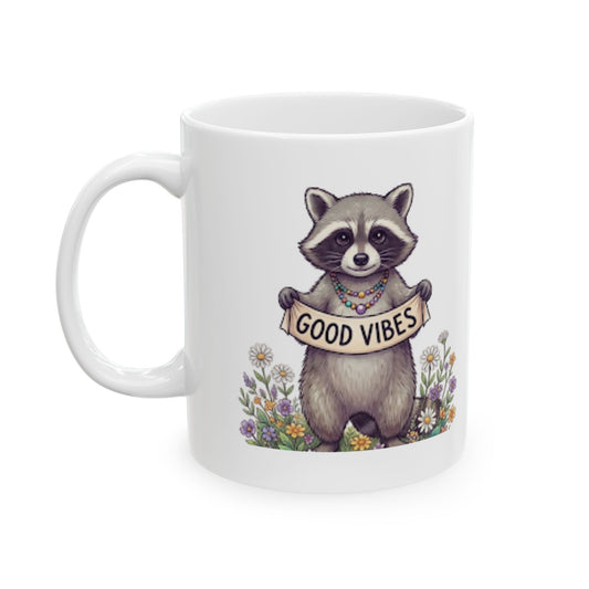 "Hippy Raccoon" White Ceramic Mug