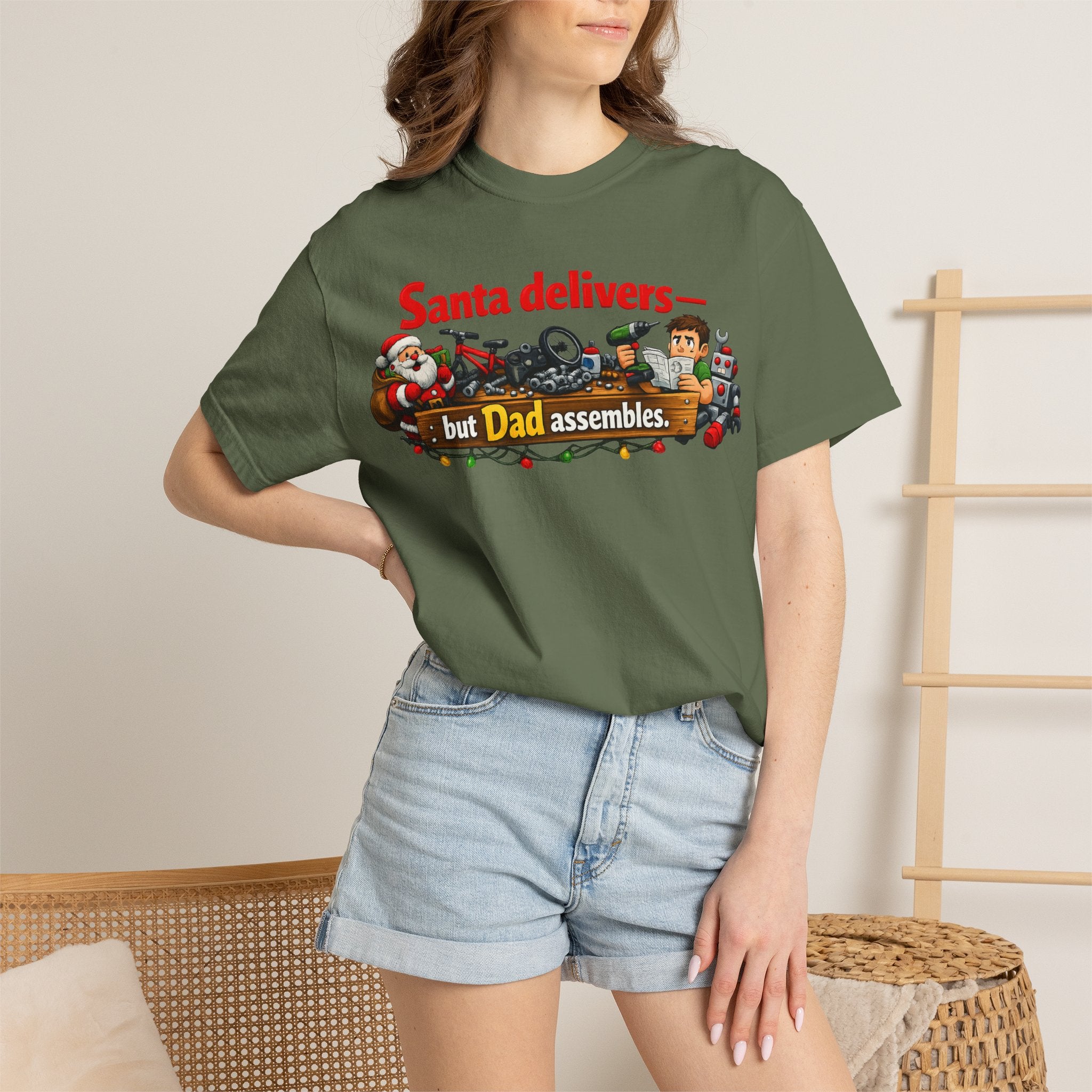 "Santa Delivers, But Dad Assembles" Unisex Garment-Dyed T-shirt
