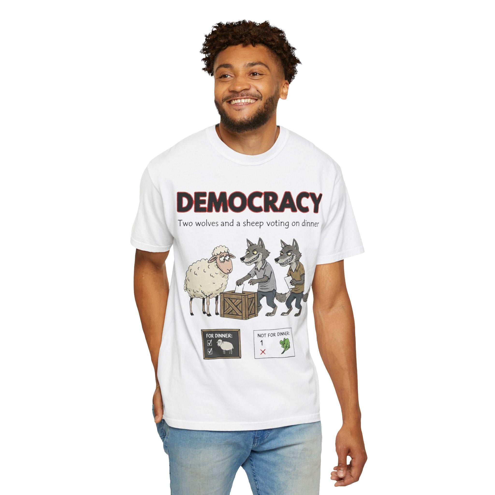 "Democracy (Two Wolves and a Sheep" Unisex Garment-Dyed T-shirt
