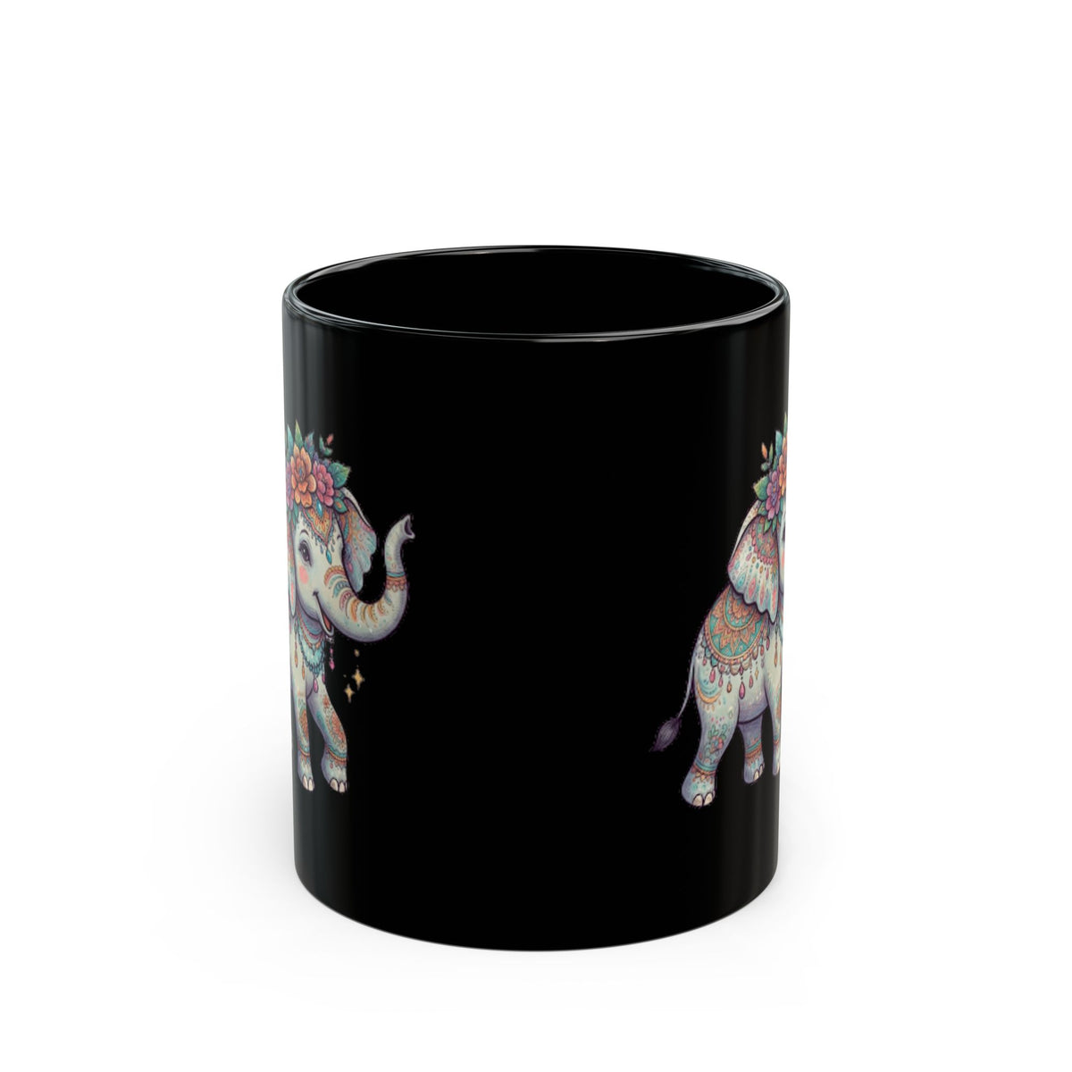 "Hippy Elephant" Black Ceramic Mug