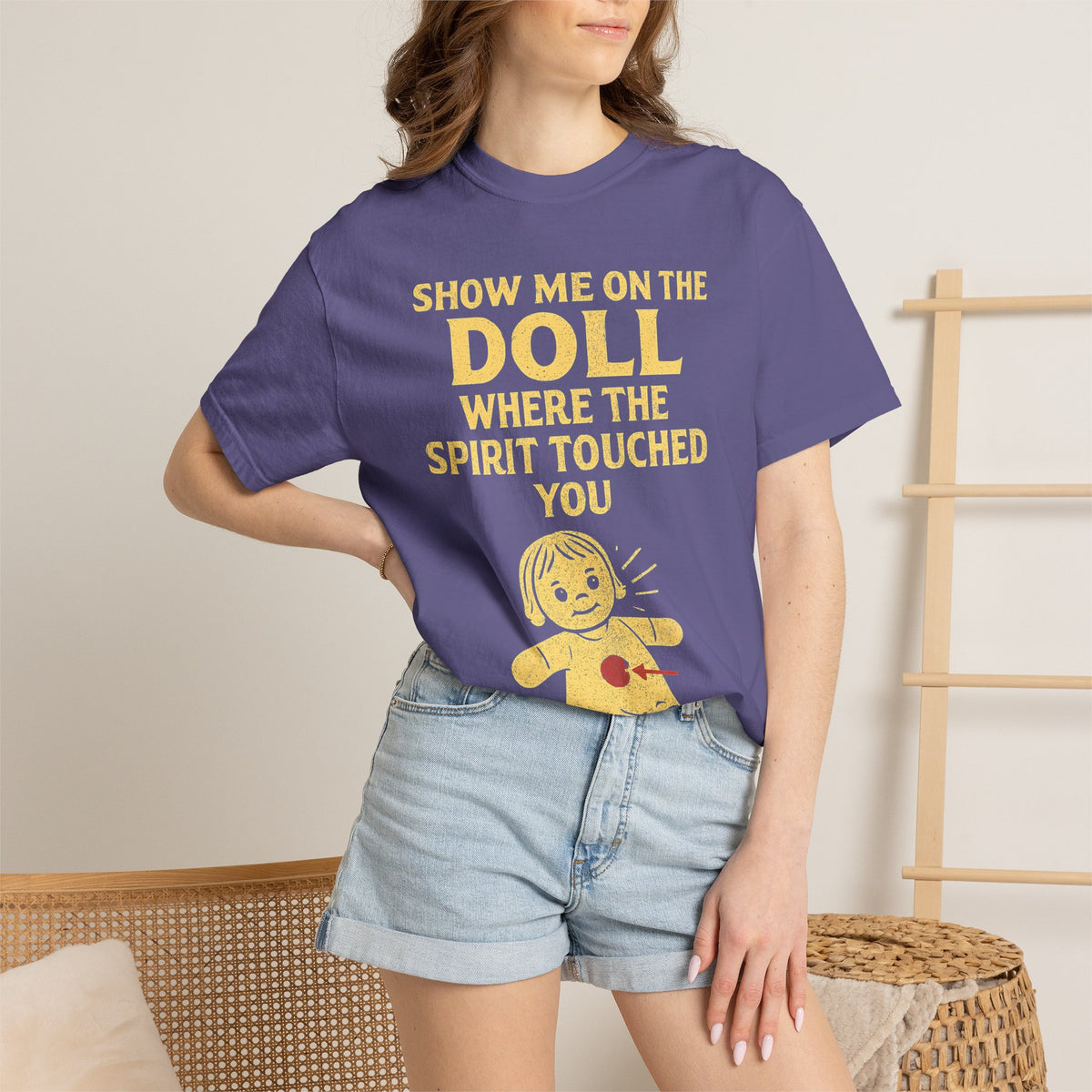 Color: Grape | Show Me On The Doll Unisex Garment-Dyed T-shirt